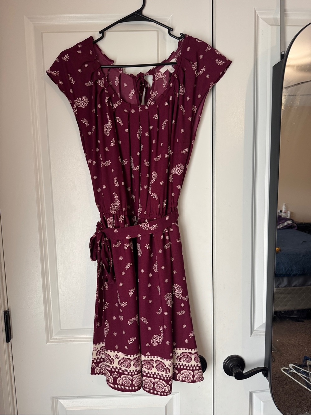 LC Lauren Conrad Burgundy Paisley Tie-Waist Mini Dress